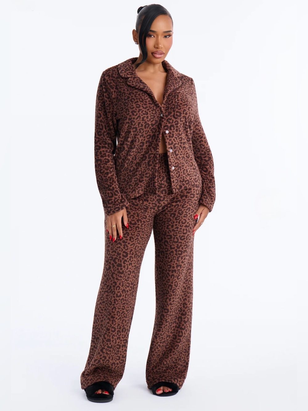 Fashion Nova Cozy Sunday Leopard Morning Collared Plush PJ Pant Set